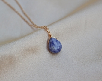 Sodalite Necklace, 14k Gold-Plated Chain, Tiny Minimalist Dainty Gemstone Teardrop Natural Crystal Pendant