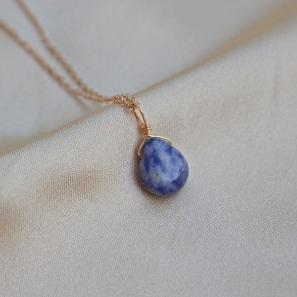 Sodalite Necklace, 14k Gold-Plated Chain, Tiny Minimalist Dainty Gemstone Teardrop Natural Crystal Pendant