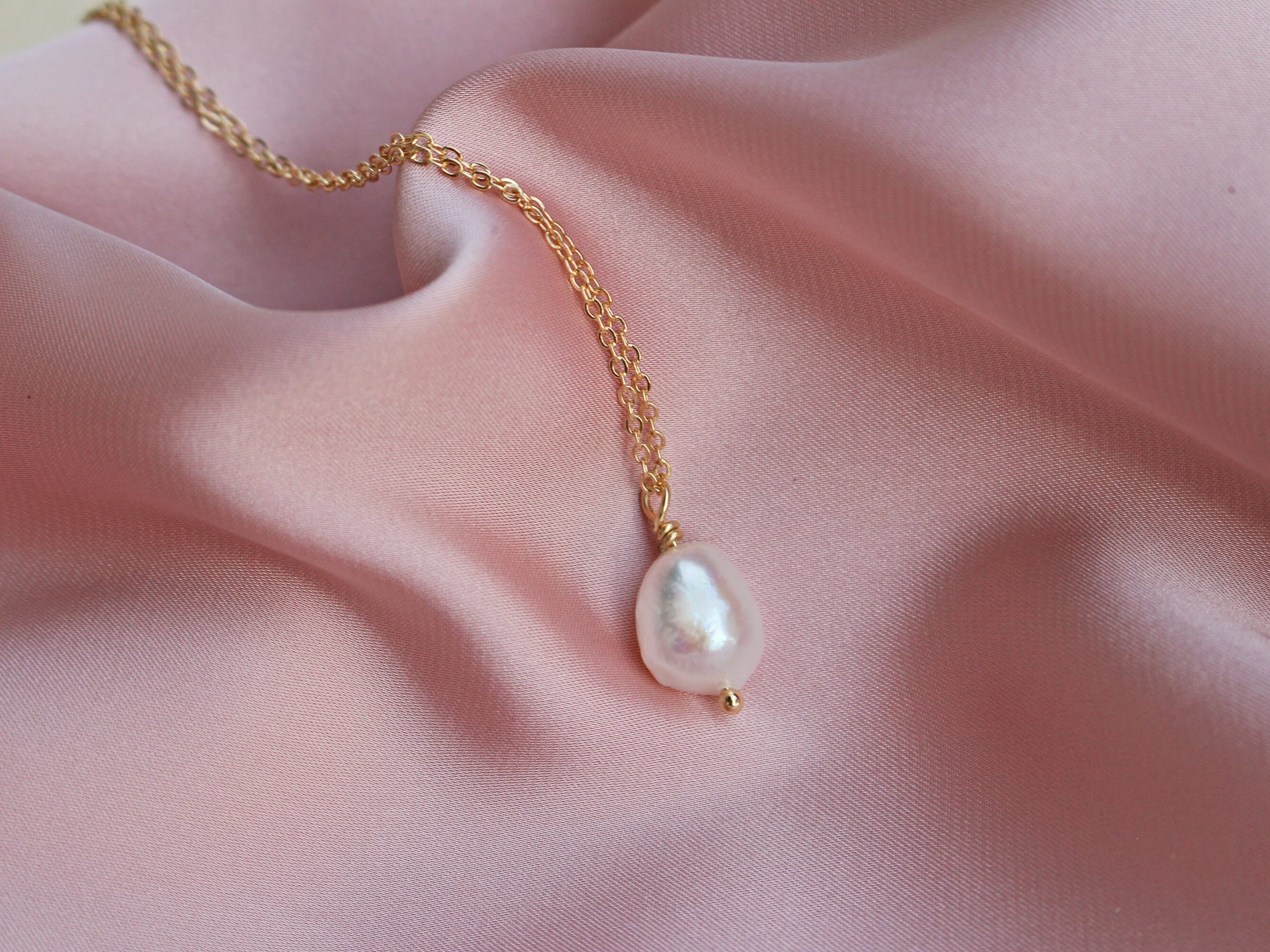 Collier Minimaliste Perle D'eau Douce Naturelle Sur Chaîne Plaqué Or 14k - Longueur 45cm (fait Main)