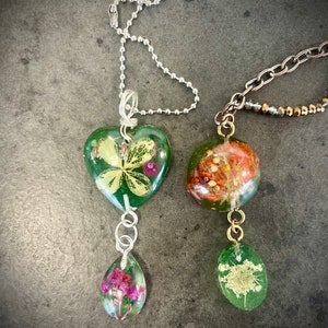 Handmade necklace with two unique resin pendants on chain