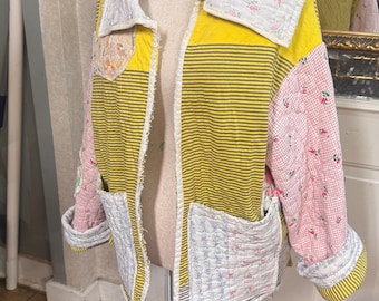Upcycled quilt coat women’s XL loose fitted jacket made from old vintage quilts