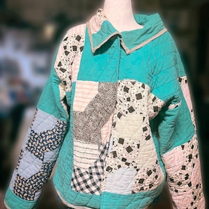 Upcycled quilt coat women’s XL loose fitted jacket made from old vintage quilts