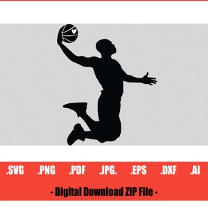 May include: Silhouette of a basketball player in mid-air, about to shoot a basketball. The basketball has a small heart on it.