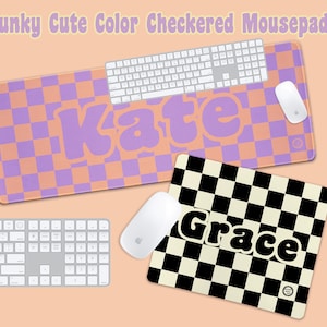 Funky Cute Checkered Mousepad Desk Mat | Personalized Customized Name | Trendy Y2K Retro | Office Decor | Coworker Gifts | Desk Accessories