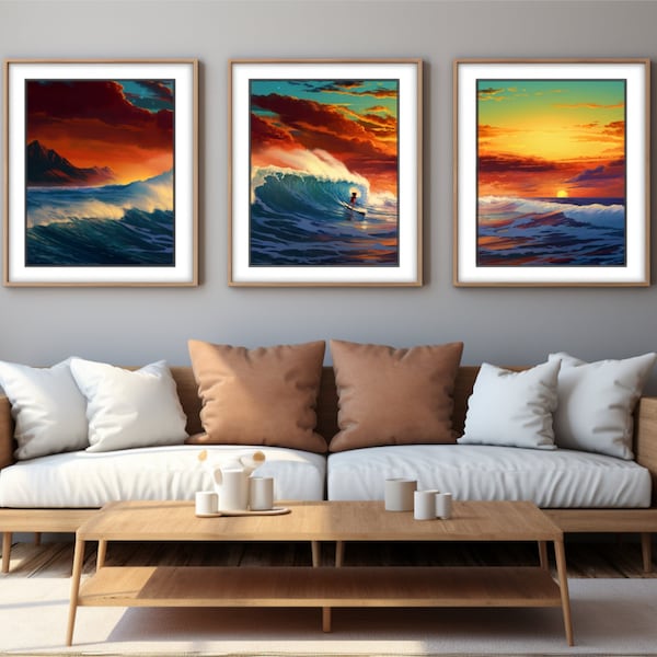 Sunset Surfer Triptych Wall Art Print, 3 piece Wall Art Digtal Print, Beach House Decor, Gallery Wall Set