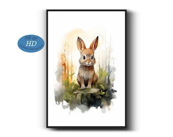 Baby Bunny Rabbit Woodland Nursery Art- Watercolor Rabbit Art Print- Adventure Nursery Decor- Woodland Animal Art - Printable Bunny Painting