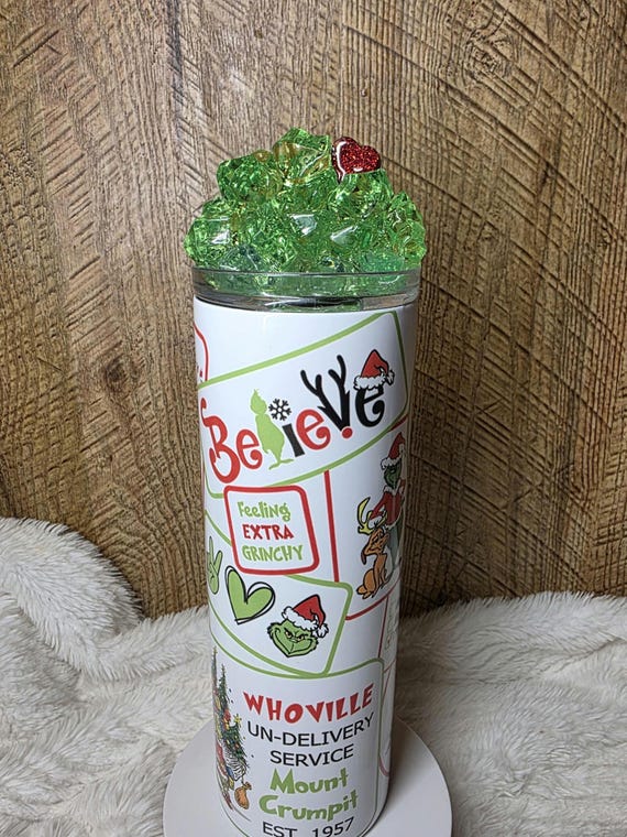 Grinch Sticker Bomb Tumbler: 20oz Stainless Steel, Green Ice Topper Option