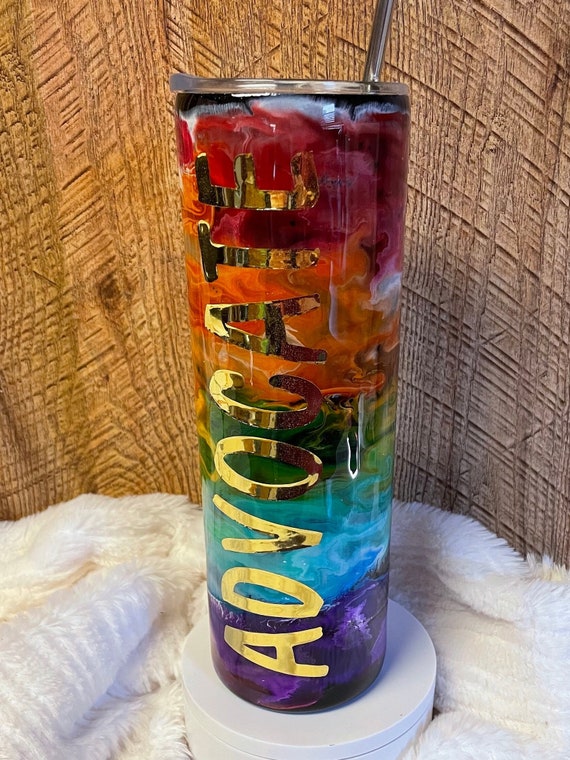 Rainbow Alcohol Ink Tumbler: 30oz Epoxy Stainless Steel Pride Cup Advocate - Ready to ship FREE