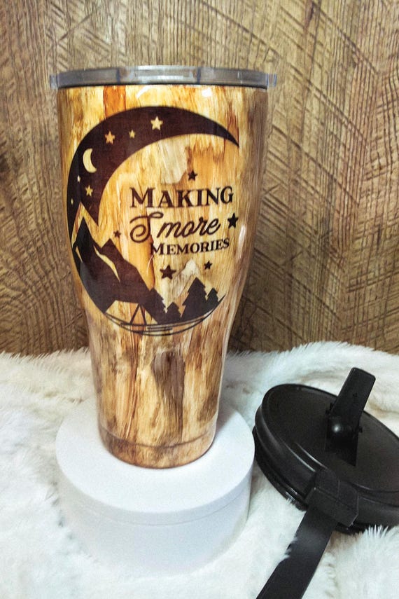 Wood Grain Epoxy Tumbler: Smores Memories Camping Design with two lids one lid has a silicone strap.  Pictured tumbler is ready to ship FREE