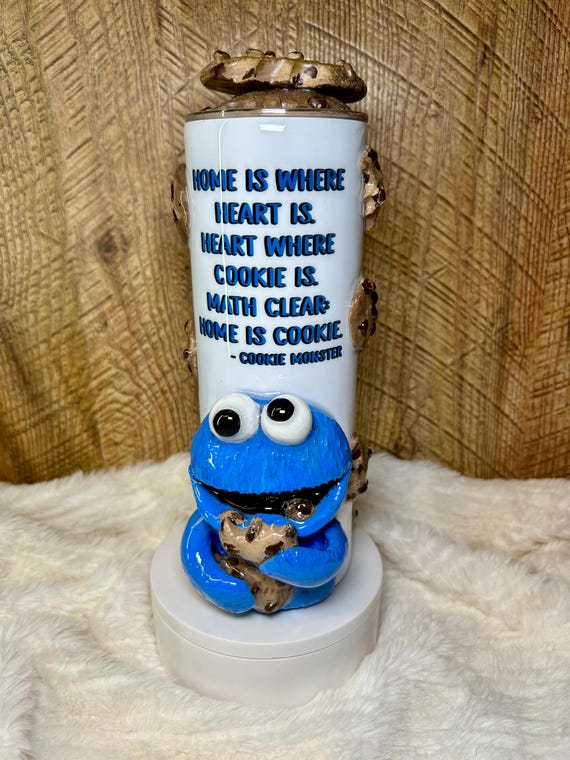 3D Cookie Fake Bake Blue Monster Tumbler: Hand-Sculpted Polymer Clay Functional Art cup cookies surround this tumbler and lid FREE Shipping