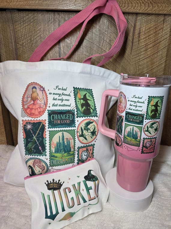 Wickedly Awesome Pink and Green Tumbler and Tote 3 piece gift set. Tumbler is Stainless Ombre bubblegum pink with holographic glaze finish.
