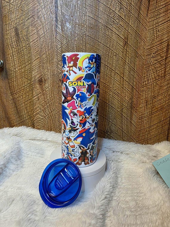 HEDGEHOG 20oz stainless steel tumbler Sonic Tails Fun Birthday Christmas gift sticker bomb style functional art Blue cool gift add your name