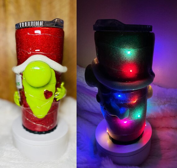 Handcrafted Green Gnomie Tumbler: 3D Polymer Clay Epoxy, Light Up Stainless Steel
