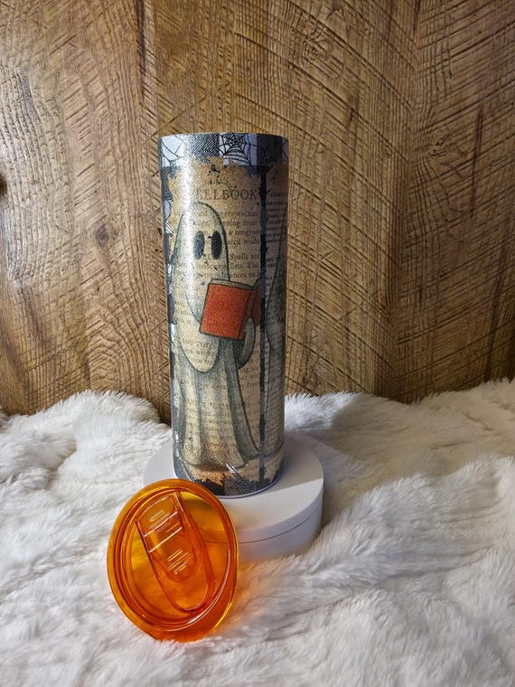 Glitter Ghost Tumbler: Halloween Bookish Stainless Steel Cup with Orange Lid