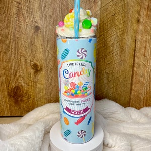 Candy tumbler 3D with polymer clay hand crafted candy whipped cream softserve topper coated in epoxy fun summer gift mom birthday