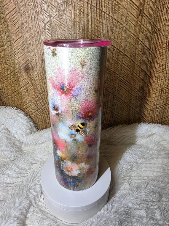 Watercolor Wildflower Glitter Tumbler: 3D Bee Stainless Steel Travel Mug