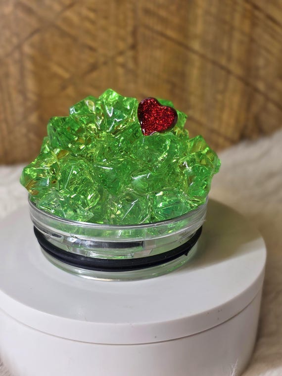 Tumbler Topper 3D Green Ice with red glitter heart grinch Christmas Whoville holidays