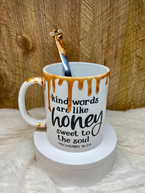 3D Epoxy Drip Mug and spoon set Proverbs 16:24 Kind words are like honey to the soul. spoon bible verse christmas Mom Grandma FREE Shipping