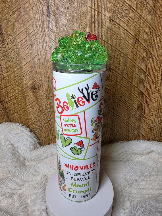 Tumber with 3D Ice Topper Stainless Steel Green Grinch Christmas Holidays Whoville Gift Mom Friend Bestie Believe Cocoa Coffee FREE SHIPPING