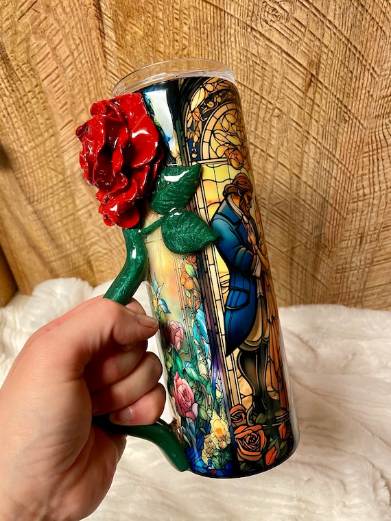 Enchanted Rose handle Tumbler: 3D hand sculpted polymer clay rose and leaves, stainless steel double wall.