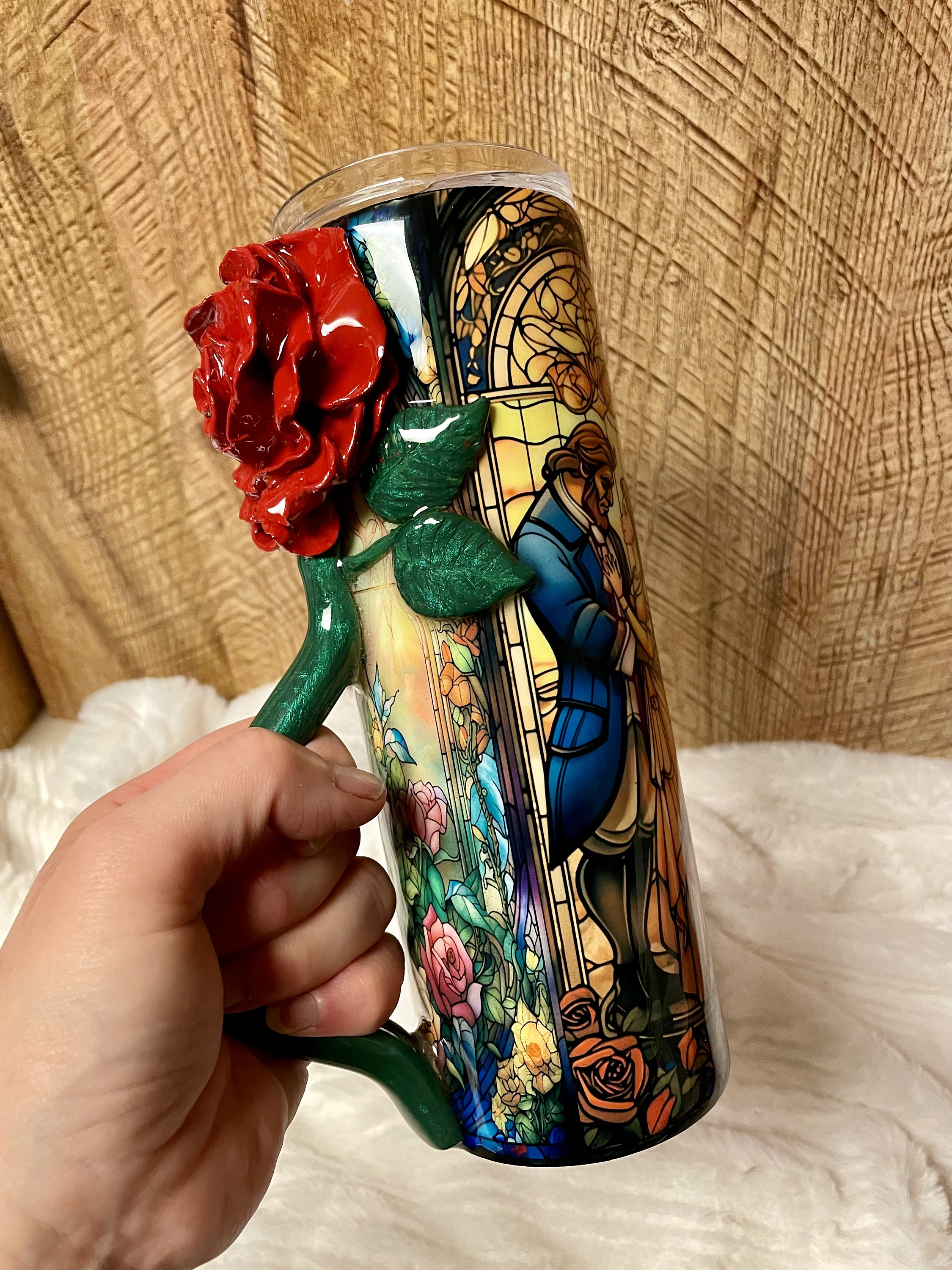 Enchanted Rose 3D polymer clay epoxy tumbler stainless doublewall with handle. Beauty, birthday, valentines, bridal, collector, beast, gift