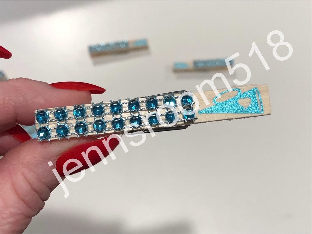 50 Blue Teal Aqua Glitter Heart Cheer Horns, Chearleader Spirit Pins