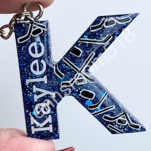 Personalized Ice Hockey Stick and Puck Keychain, Glitter Name Bag Tag, Coach Gift, Team Mom, Ice Hockey Senior Night, End of Season Present