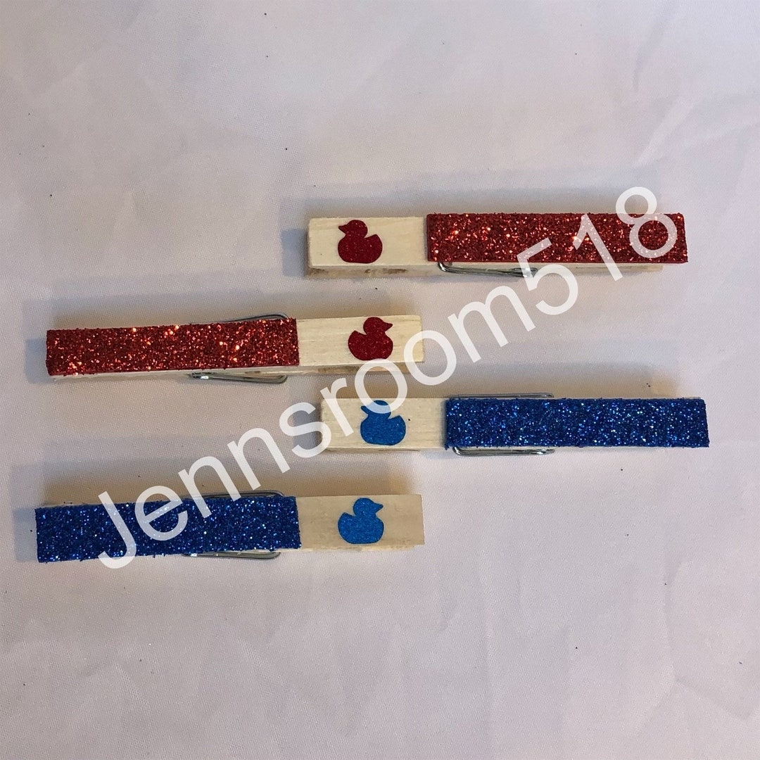 Spirit Competition Pins, 50 Glitter Duck Cheer Pins, Blue Good Luck Chearleader Spirit Pin, Red