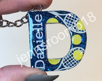 Personalized Glitter Tennis Bag Tag, Initial Keychain