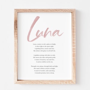 Nom de bébé Luna qui signifie poème prénoms de bébé signe de chambre d'enfant prénoms de fille poème imprimable téléchargements numériques à mettre dans la chambre d'enfant