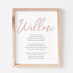 May include: A framed print featuring the name "Willow" in a soft pink watercolor font. The print includes a poem about the name "Willow" in a delicate, feminine style. The frame is a light wood color.