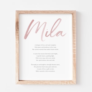 Mila Babynaam betekenis gedicht Babynamen kinderkamer bord meisjesnamen afdrukbaar gedicht Instant digitale downloads voor in de kinderkamer