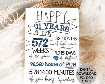 11th Birthday Card, Printable Birthday Card, Happy 11th Birthday Card, Funny Milestone Printable Greeting card, Blue Gamer Boy 11th birthday