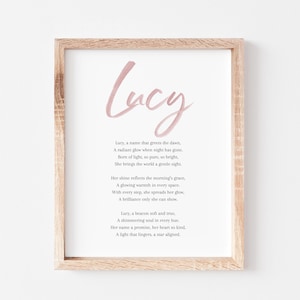 Signification du prénom Lucy, poème, prénoms de bébé, signe de la chambre d'enfant, prénoms de fille, poème imprimable, téléchargements numériques instantanés à mettre dans la chambre d'enfant