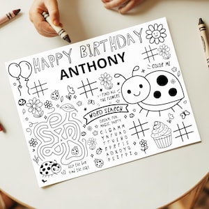 Ladybug Birthday Party Activity Sheet, Lady bug Party Favor, Spot Bug theme table mat, Kids Birthday Party Coloring Page,  First birthday