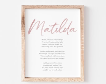 Poema con el significado del nombre Matilda para bebés, letrero para guardería, poema imprimible con nombres de niñas, descargas digitales instantáneas para colocar en la guardería.