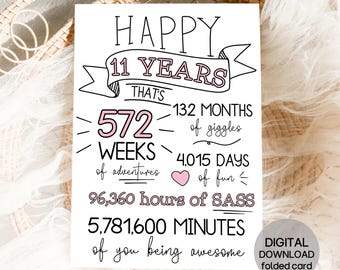 11th Birthday Card, Printable Birthday Card, Happy 11th Birthday Card, Funny Milestone Printable Greeting card, Pink Princess 11th birthday