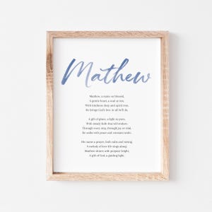 May include: A watercolor print with the name "Mathew" in a blue gradient. The print features a poem about the name Mathew, describing it as a gentle, kind, and blessed name.