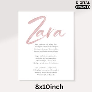 Zara Betydelsedikt för barnnamn Barnskylt Flicknamn Utskrivbara dikter Digitala nedladdningar för barnrum bild 3