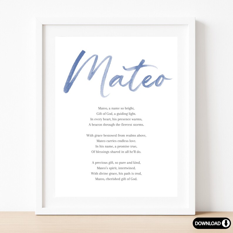 Puede incluir: Impresi&oacute;n enmarcada con el nombre "Mateo" en escritura azul acuarela. Debajo, un poema describe a Mateo como una luz gu&iacute;a y un regalo preciado. La impresi&oacute;n est&aacute; en un marco blanco.