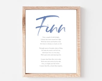 Poema con el significado del nombre Finn para bebés, letrero para guardería, poema imprimible con nombres de niños, descargas digitales instantáneas para colocar en la guardería.