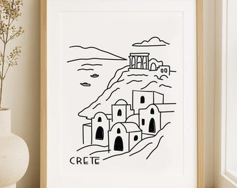Crete Line Art Print, Greece Digital Download, Minimalist Wall Art, Greek Island Poster, Aegean Architecture Print, Travel Decor Printable
