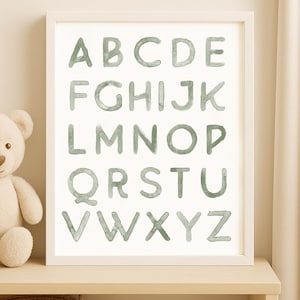 Green Alphabet Print, Watercolor Nursery Wall Art, Alphabet Educational Poster, Playroom Decor, Instant Download for Kids Nursery Wall Decor