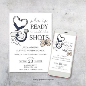 Nurse Graduation Party Invitation, She&#39;s Ready to Call the Shots, Medical School Graduation Invitation, Nursing Party Invite, Nursing Grad