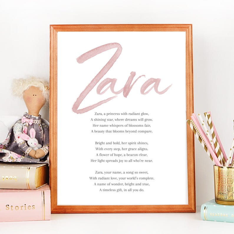 Zara Betydelsedikt för barnnamn Barnskylt Flicknamn Utskrivbara dikter Digitala nedladdningar för barnrum bild 2