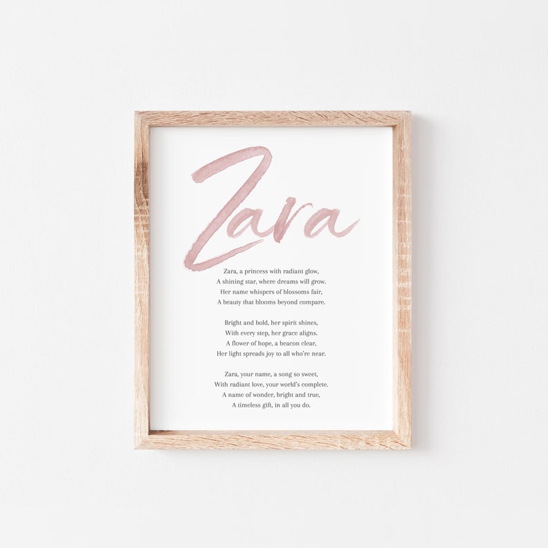 Zara Betydelsedikt för barnnamn Barnskylt Flicknamn Utskrivbara dikter Digitala nedladdningar för barnrum bild 1