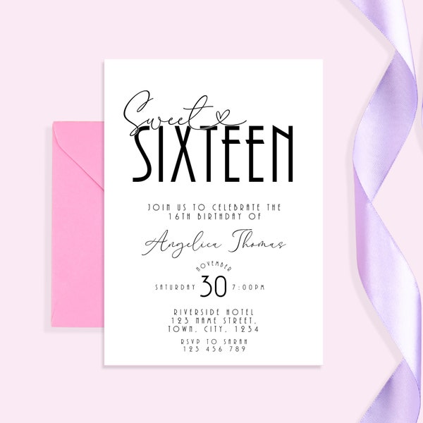 Sweet Sixteen Birthday Invitation, Modern Sweet 16, Minimalist Sweet 16 invite, Minimal 16th, Minimalist Sixteen Editable Template evite