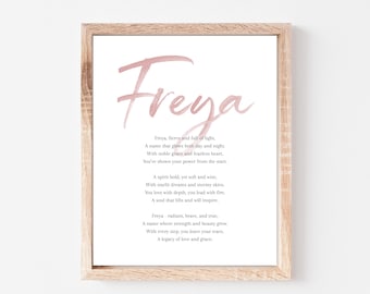 Poema con el significado del nombre Freya para bebés, letrero para guardería, poema imprimible con nombres de niñas, descargas digitales instantáneas para colocar en la guardería.