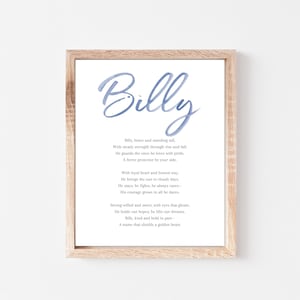 Może przedstawiać: Drukowana grafika artystyczna z niebieskim tłem akwarelowym i imieniem "Billy" w dużym, stylizowanym kroju pisma. Grafika zawiera wiersz o imieniu Billy, opisujący cechy osoby o tym imieniu.