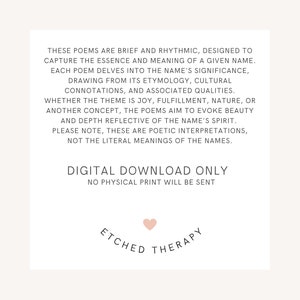 Puede incluir: Una descarga digital con texto que describe poemas dise&ntilde;ados para capturar la esencia y el significado de un nombre. El texto incluye las frases "Solo descarga digital" y "Etched Therapy" con un peque&ntilde;o coraz&oacute;n rosa.